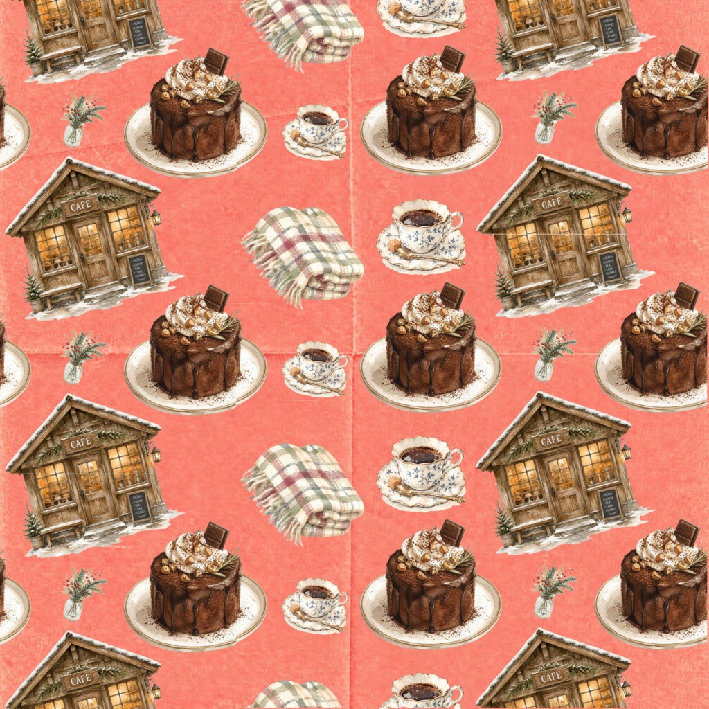 冬のカフェのデジタルペーパー 6枚セット チョコレートケーキ ブレンドコーヒー ひざかけ パステルカラー 大人かわいい レトロ 古紙 おしゃれ ラッピング 手帳素材