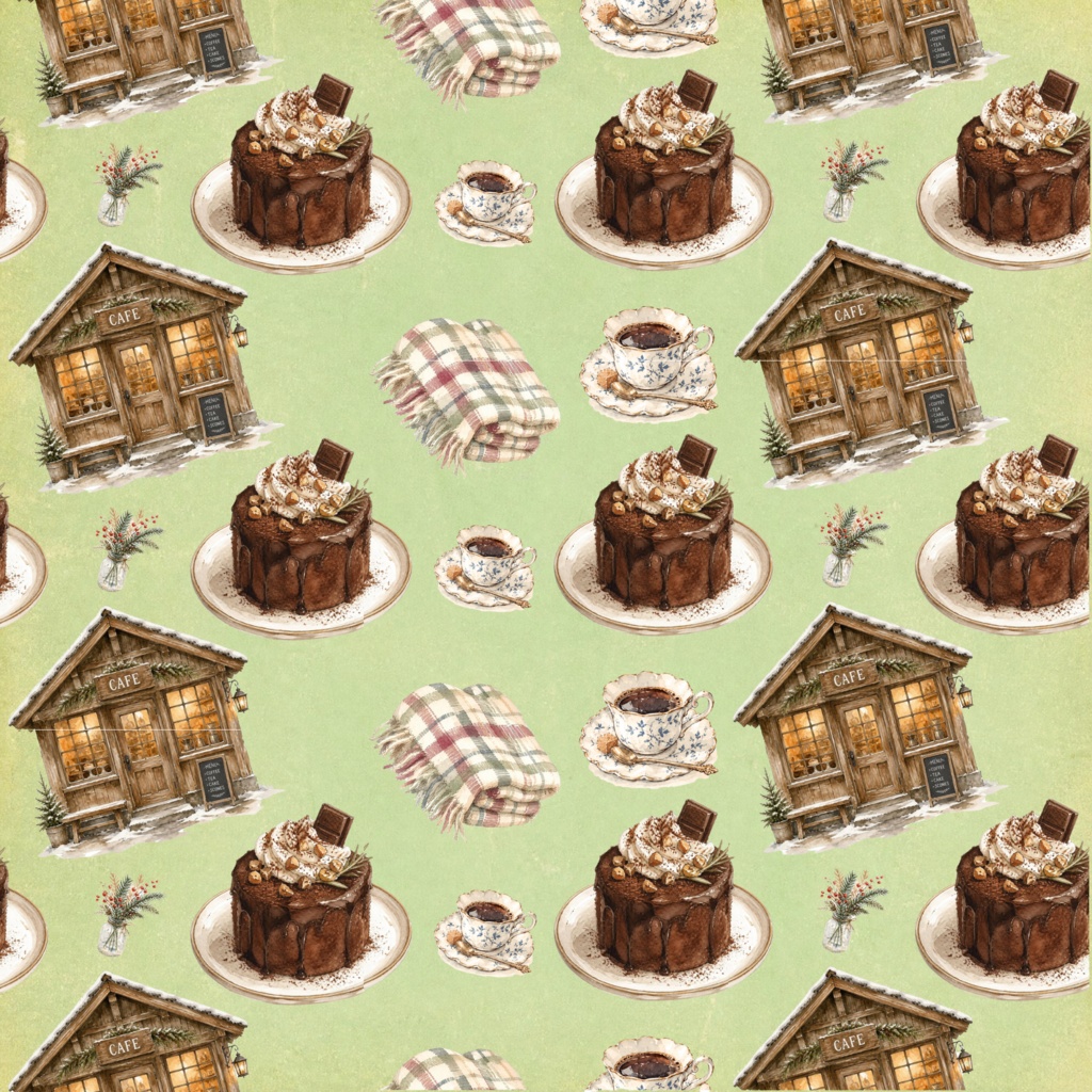 冬のカフェのデジタルペーパー 6枚セット チョコレートケーキ ブレンドコーヒー ひざかけ パステルカラー 大人かわいい レトロ 古紙 おしゃれ ラッピング 手帳素材