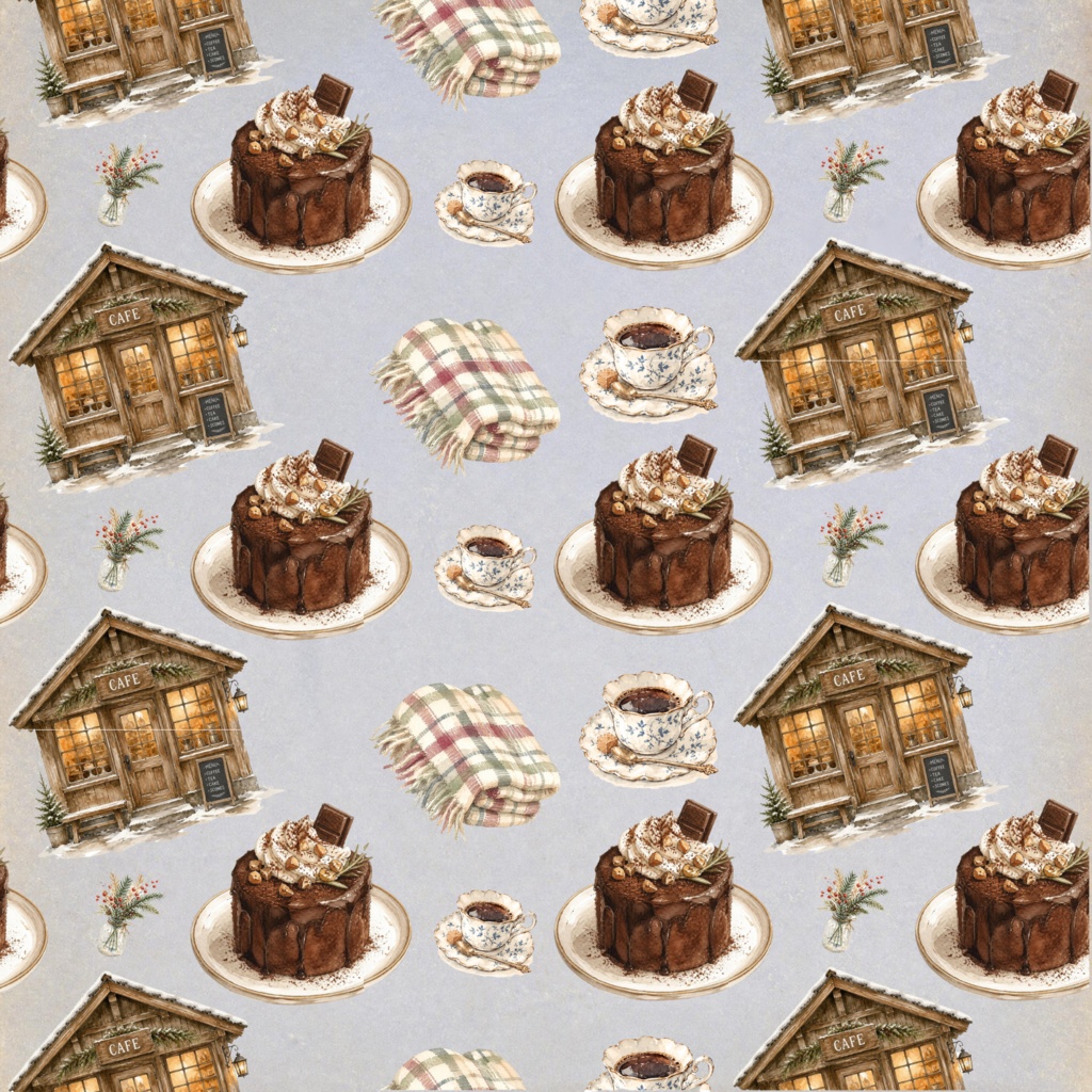 冬のカフェのデジタルペーパー 6枚セット チョコレートケーキ ブレンドコーヒー ひざかけ パステルカラー 大人かわいい レトロ 古紙 おしゃれ ラッピング 手帳素材