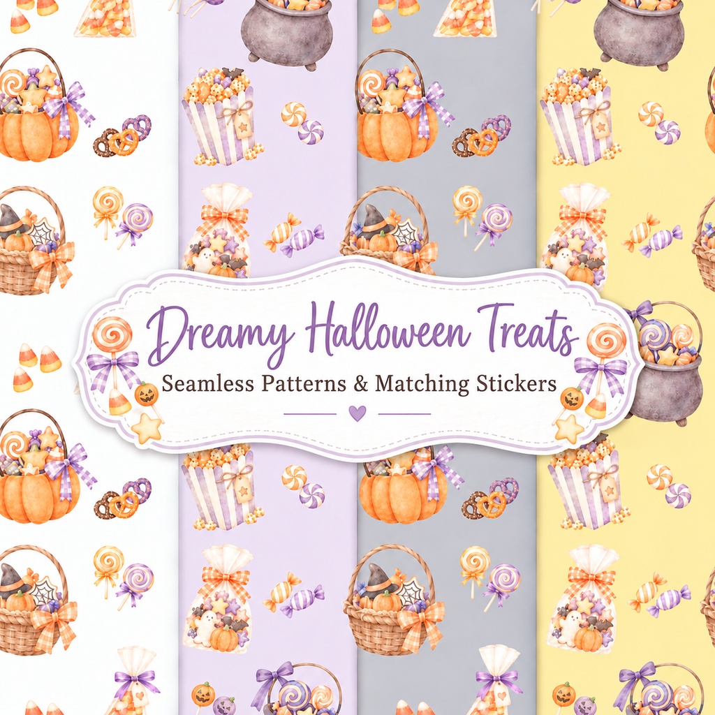 シームレスパターン 可愛いハロウィンコレクション お菓子&おそろいのデジタルステッカー