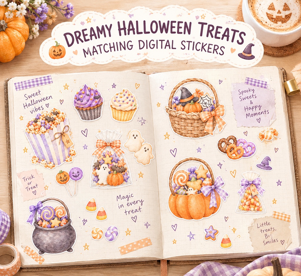 シームレスパターン 可愛いハロウィンコレクション お菓子&おそろいのデジタルステッカー