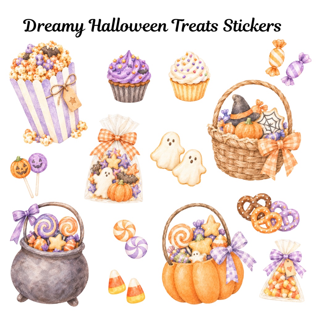 シームレスパターン 可愛いハロウィンコレクション お菓子&おそろいのデジタルステッカー