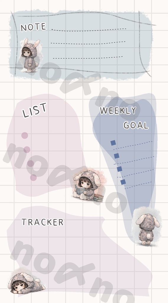 【デジタル手帳素材】くすみブルー＆ラベンダー メモ枠ステッカー 5点セット / Digital Planner Stickers "no〆no" Vol.2