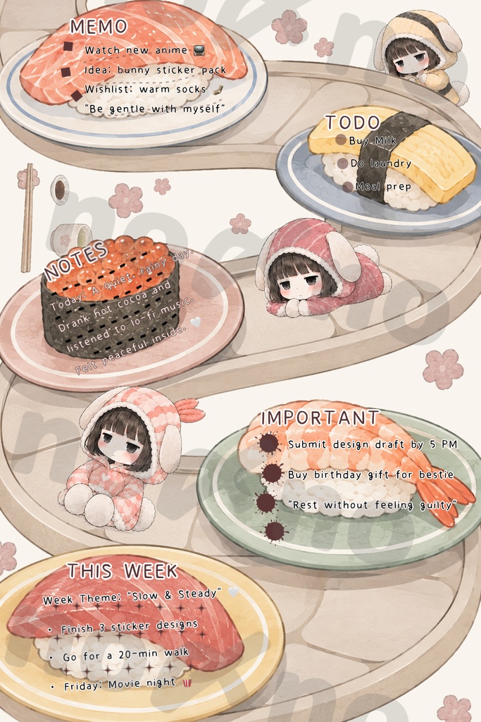 【GoodNotes / デジタル手帳】回転寿司デジタルプランナー&ステッカーセット (Conveyor Belt Sushi Planner Pack)