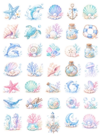 海のいきものとシェルのステッカーセット