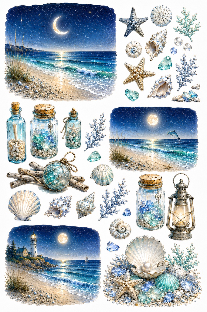月夜の海辺とシーグラスのコラージュシート / Moonlit Seaside & Sea Glass Collection