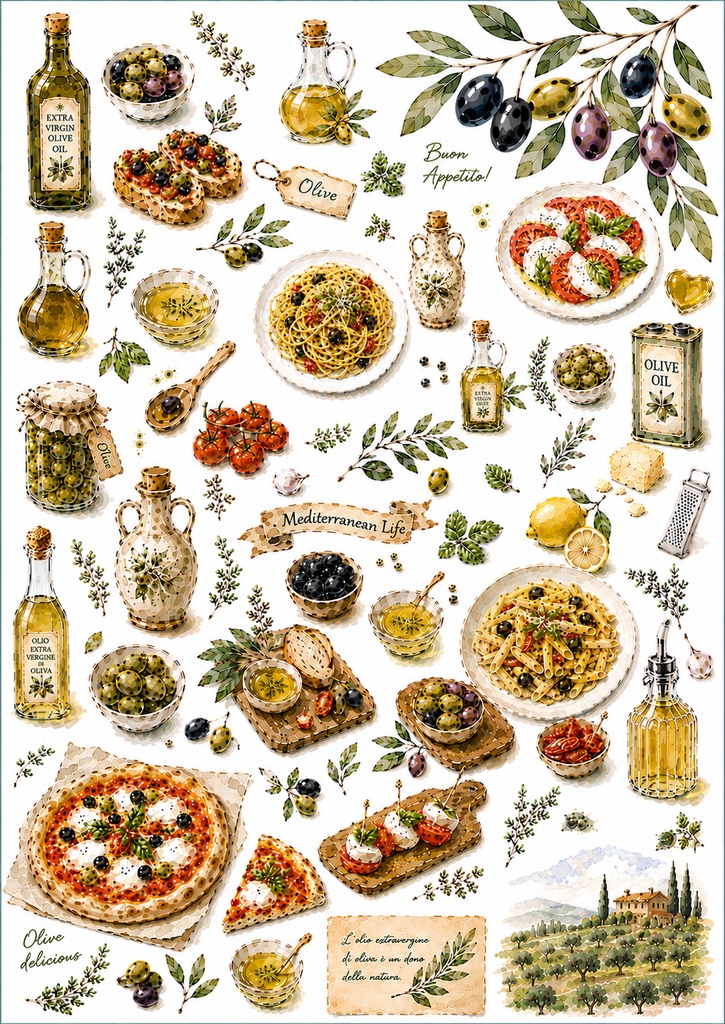 オリーブと地中海のごちそう コラージュシート　～Mediterranean Olive & Italian Cuisine Watercolor Collage Sheet