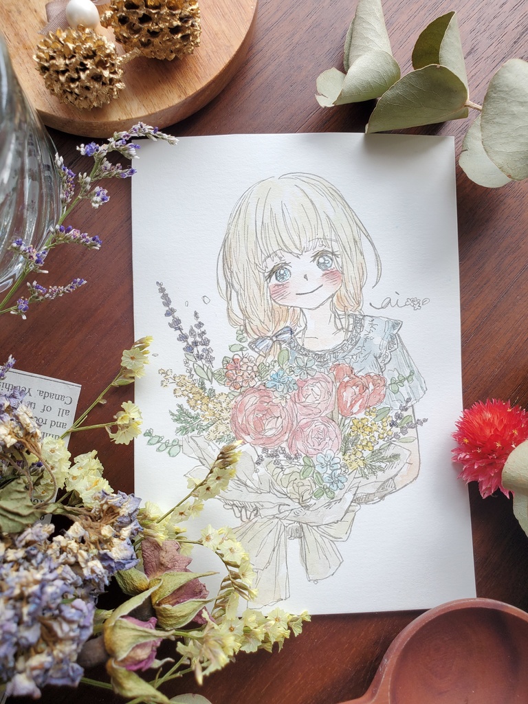 『花束を買いに。』水彩イラスト 原画 