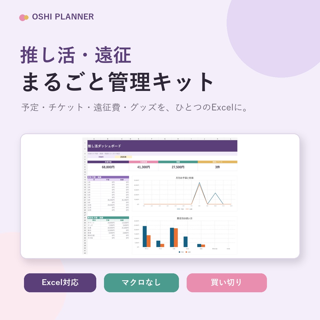推し活・遠征まるごと管理キット｜チケット・グッズ・予算を自動集計【Excel】