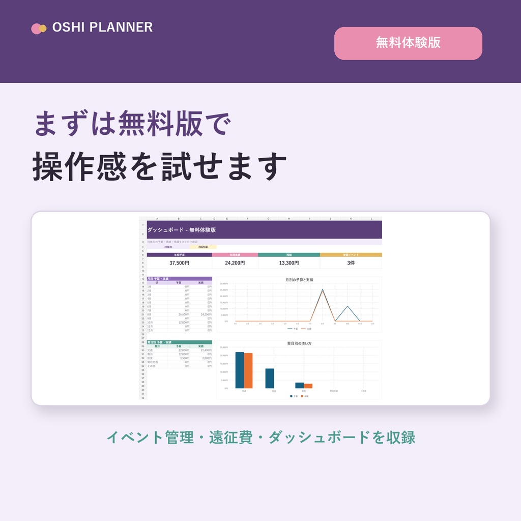 【無料】推し活・遠征管理キット体験版|イベント予定と遠征費を自動集計【Excel】