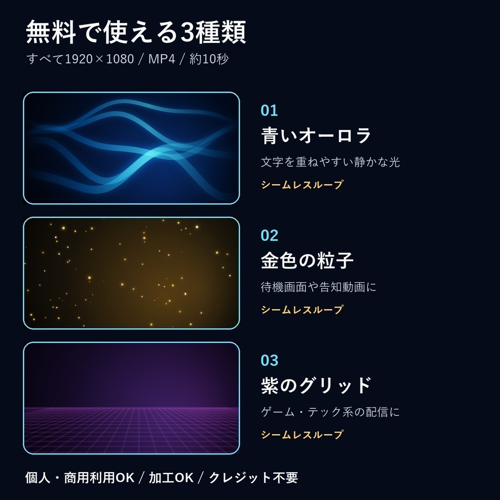 【無料】動く配信背景3種|待機画面・動画編集|シームレスループ MP4・商用利用OK