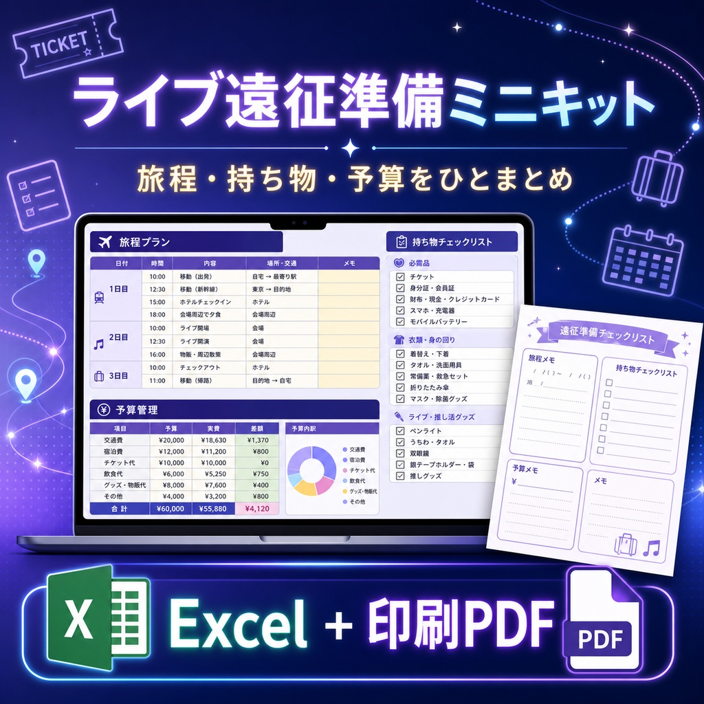 ライブ遠征準備ミニキット|旅程・持ち物・予算をまとめて管理【Excel+印刷PDF】
