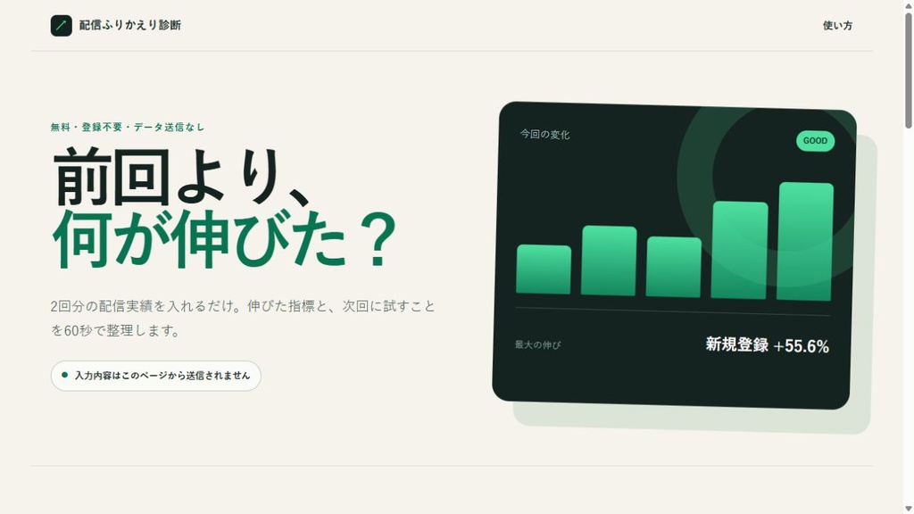 【無料】配信ふりかえり診断｜前回比で伸びた指標と次の改善を60秒で確認