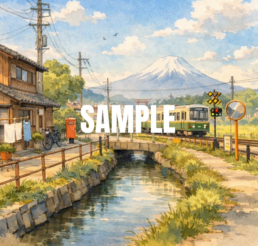 日本の田舎（富士山と田舎の電車風景／水彩風イラスト）[EN]Rural Japan – Fuji Mountain and Countryside Train Scene (Watercolor‑Style Illustration)