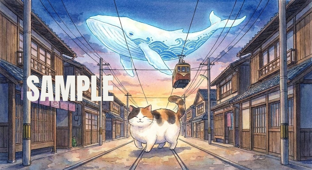 夕暮れの街と空飛ぶ鯨／幻想的な和風ファンタジーイラスト[EN]Flying Whale over a Twilight City – Japanese Fantasy Watercolor Illustration