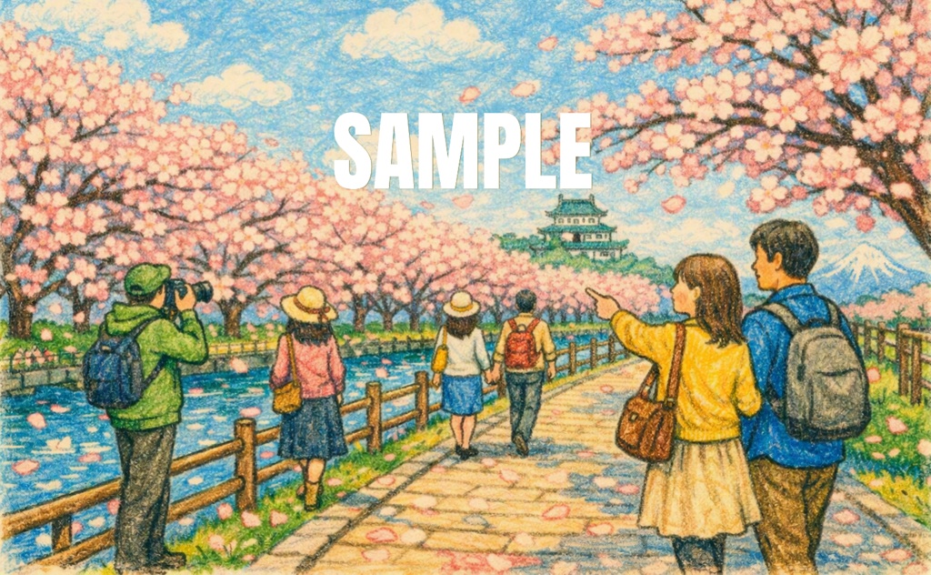 日本の風景（桜並木と城下の春散歩）[EN]Japanese Scenery – Spring Walk under Sakura Trees by the Castle and Mount Fuji