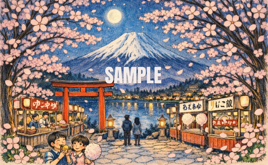 日本の風景（夜桜と鳥居、富士を望む春祭り）[EN]Japanese Scenery – Night Sakura and Torii with Mount Fuji at Spring Festival