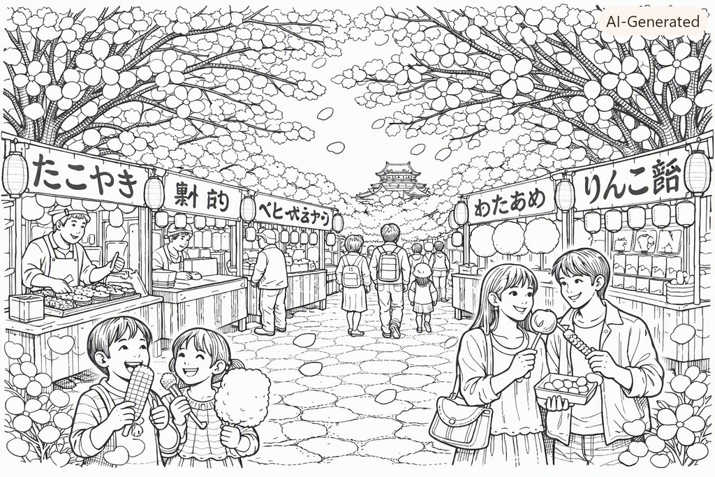 塗り絵（日本の風景：春の旅・桜の風景セット）[EN]Coloring Pages – Japanese Spring Journey: Sakura Scenery Set (3 Pages)