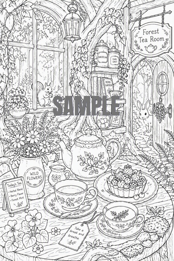塗り絵（森のティールーム）[EN]Coloring Pages – Forest Tea Room