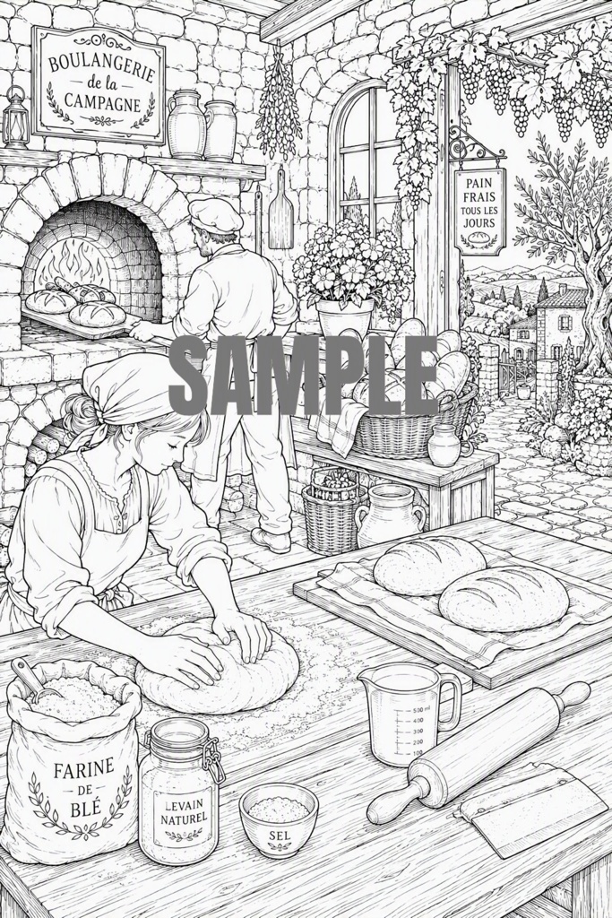 塗り絵（森のパン屋セット）[EN]Coloring Pages – Forest Bakery Set (French Countryside Oven & Stone House)