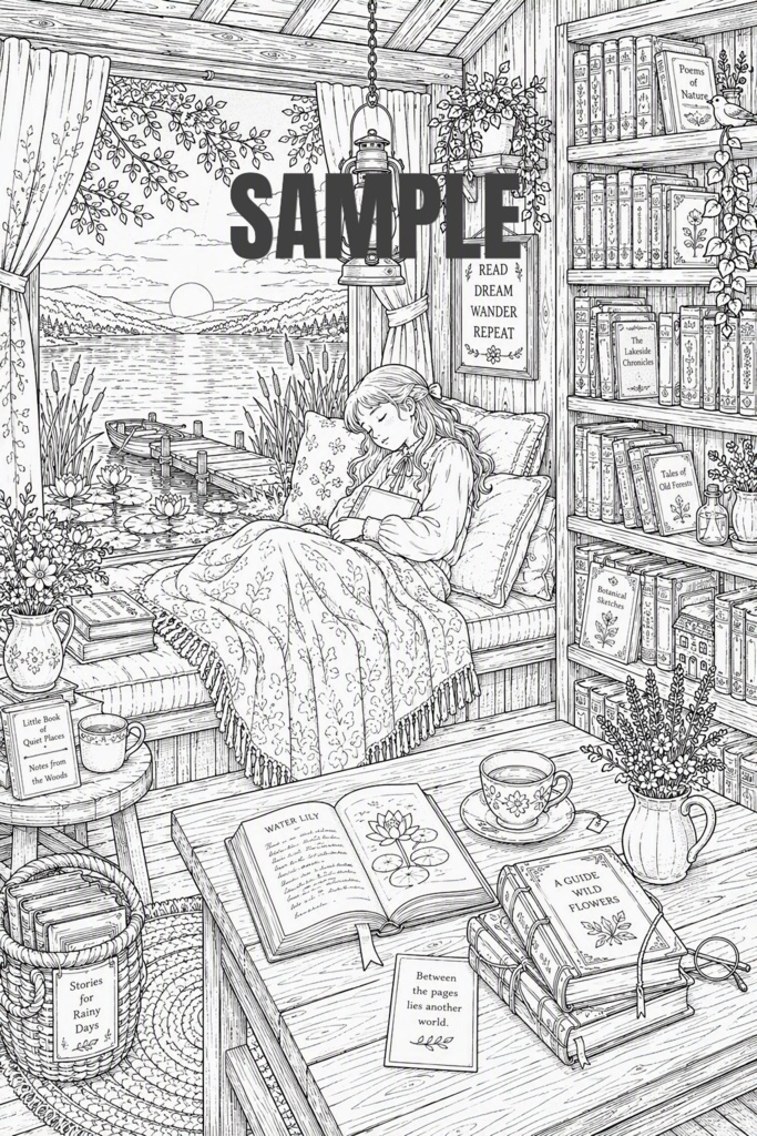 塗り絵（湖畔の読書小屋セット）[EN]Coloring Pages – Lakeside Reading Cabin Set