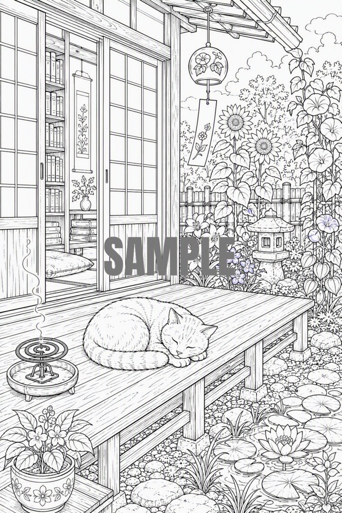 塗り絵（縁側の猫と夏の庭）[EN]Coloring Pages – Cat on the Engawa & Summer Garden in Japan