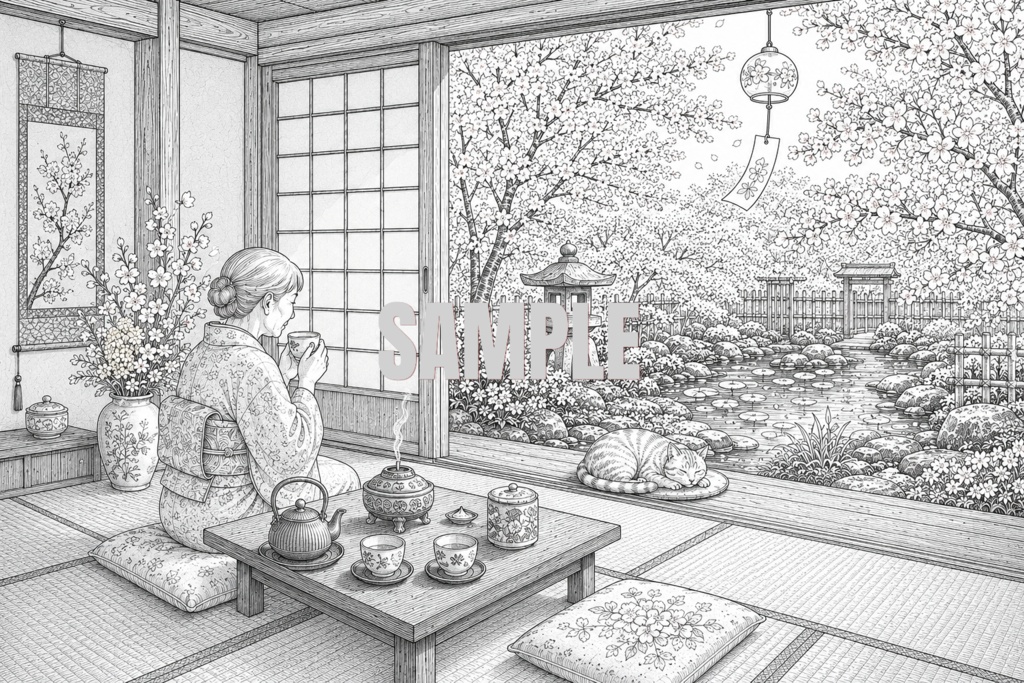塗り絵セット（庭のある日本家屋・四季）[EN]Japanese House with Garden — Seasonal Coloring Collection