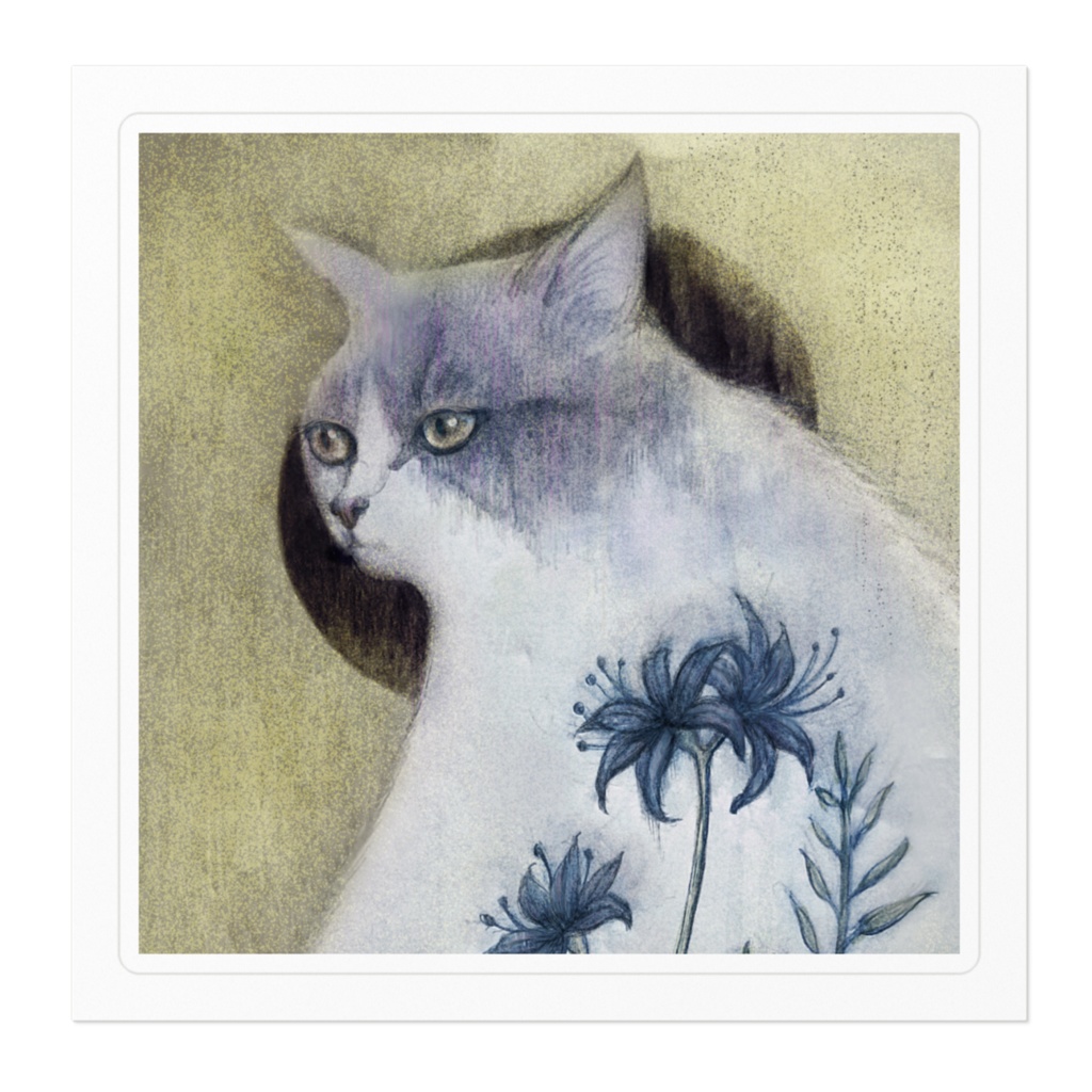青い花と猫のステッカー / Cat with Blue Flowers -Art Sticker
