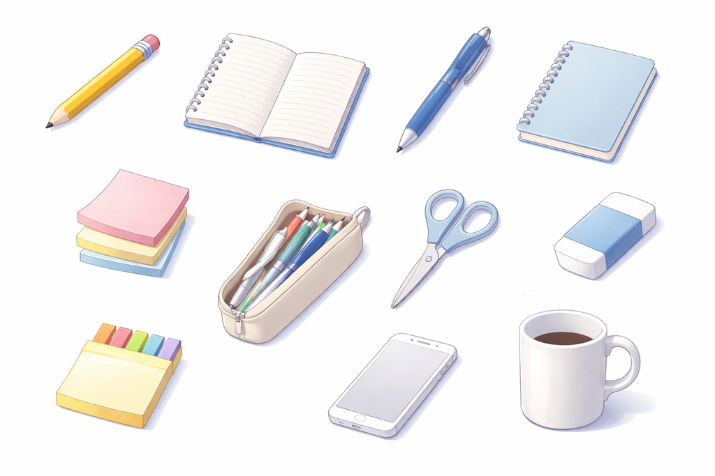 【PNG素材】文房具・デスク小物イラスト素材 37点セット（白背景）