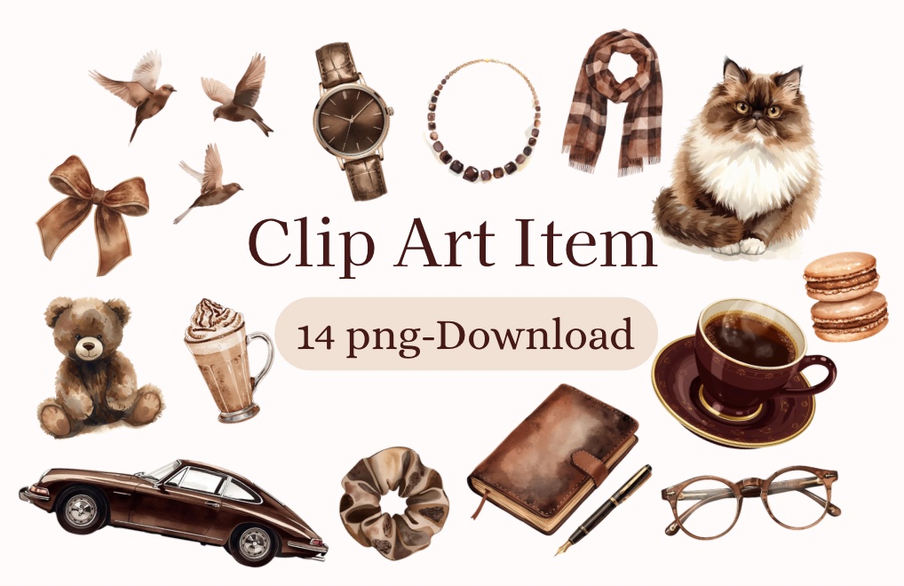 【14 PNG】ブラウンクラシック・ライフスタイル Clip Art set