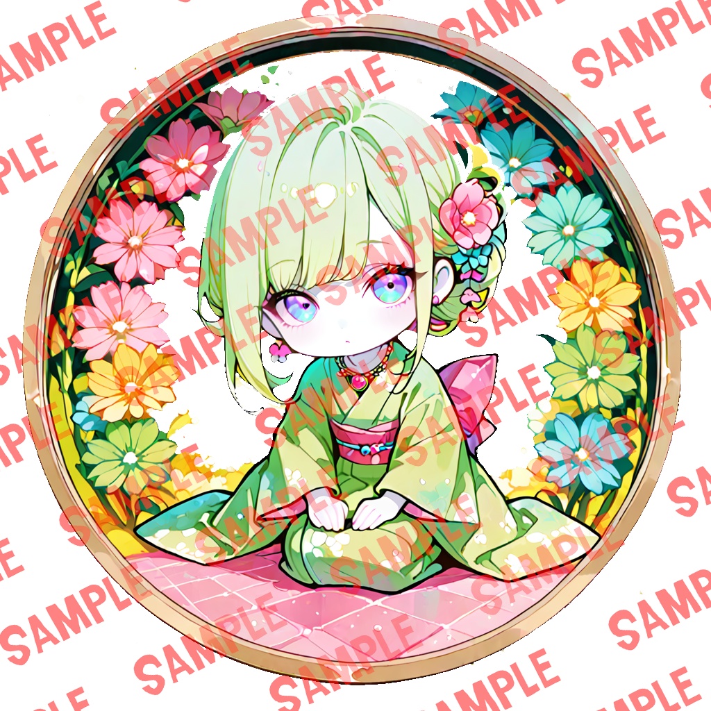 和風の女ちびキャラ|背景付き+おまけ(単色背景、簡易透過)のイラスト3枚セット【商用可】