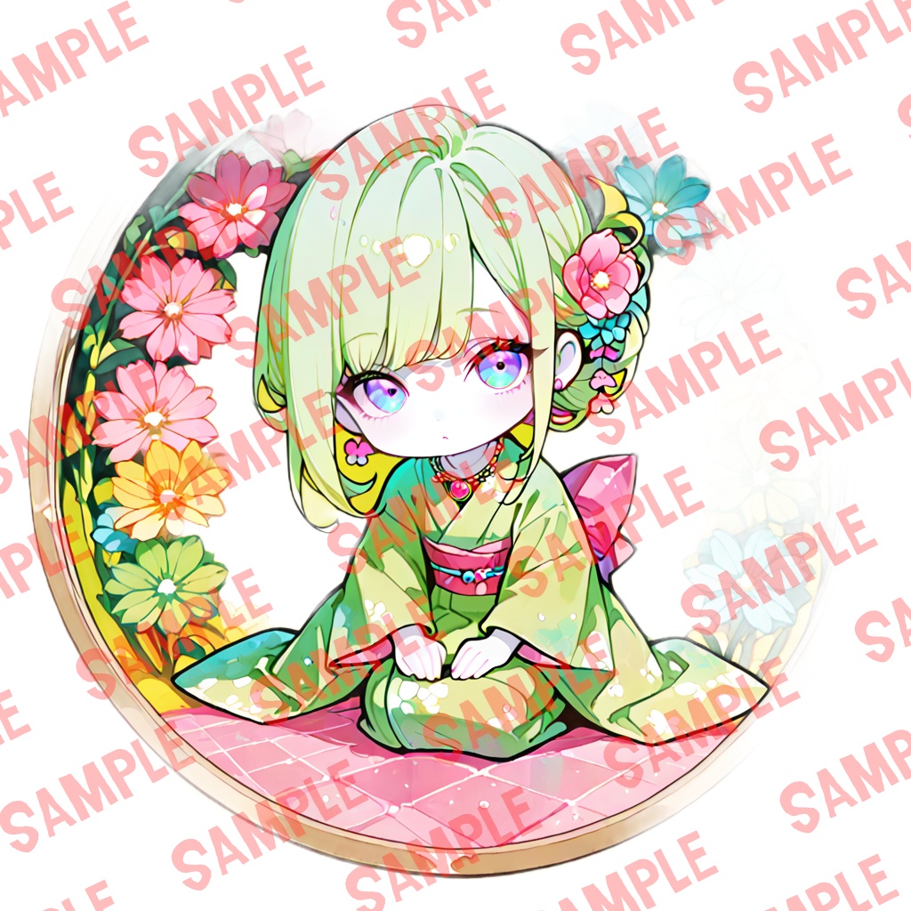 和風の女ちびキャラ|背景付き+おまけ(単色背景、簡易透過)のイラスト3枚セット【商用可】