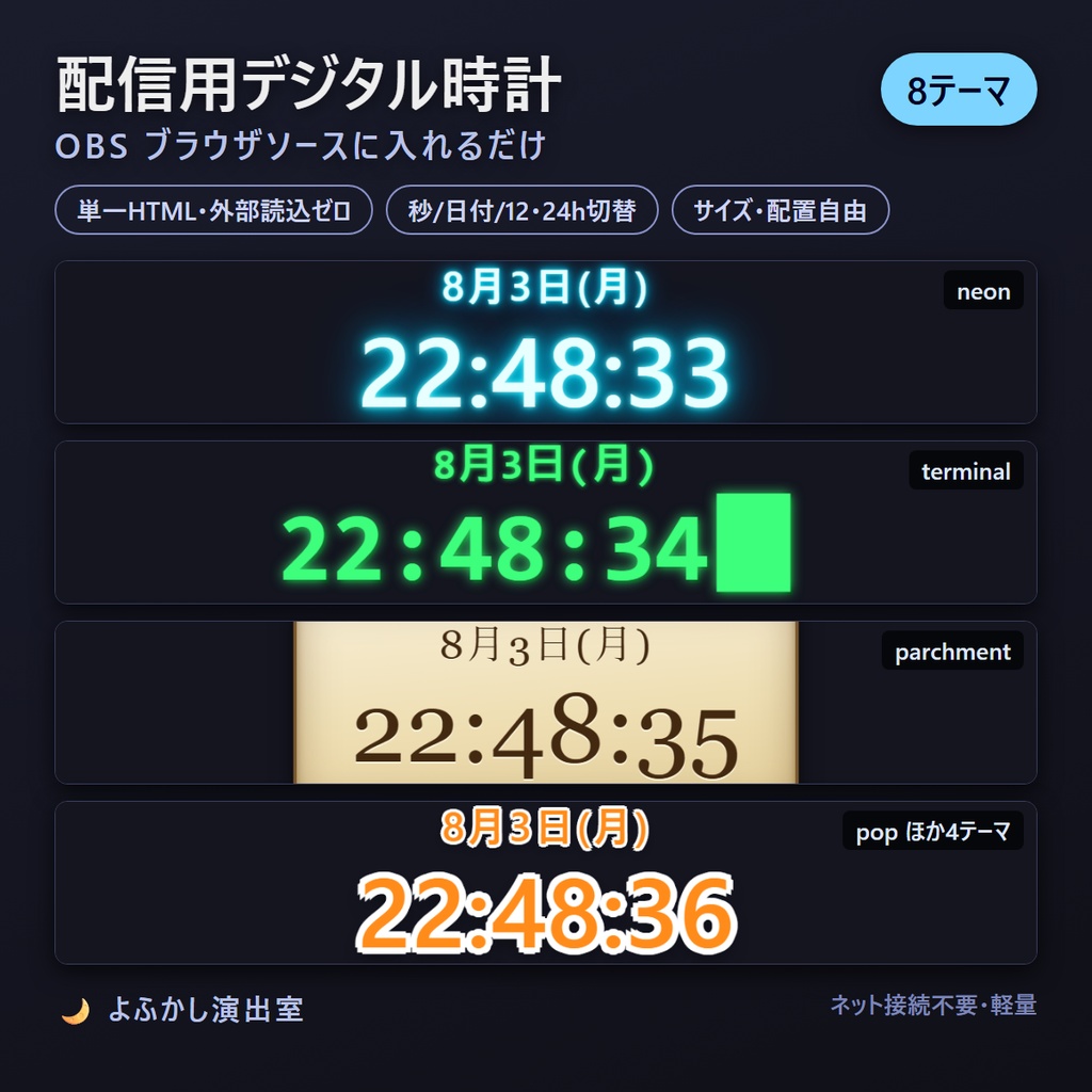 配信用デジタル時計オーバーレイ 8テーマ【OBS対応・単一HTML】