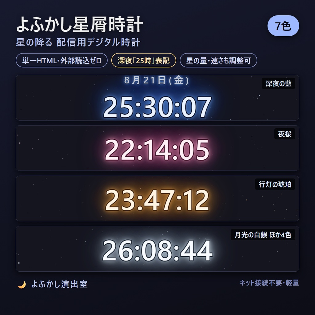 【一部無料】よふかし星屑時計 7色SET ─ 星の降る配信用デジタル時計【OBS対応・単一HTML】
