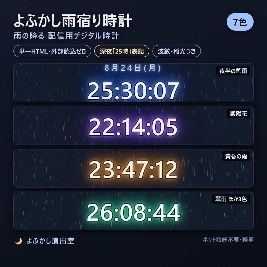【一部無料】よふかし雨宿り時計 7色SET ─ 雨の降る配信用デジタル時計【OBS対応・単一HTML】
