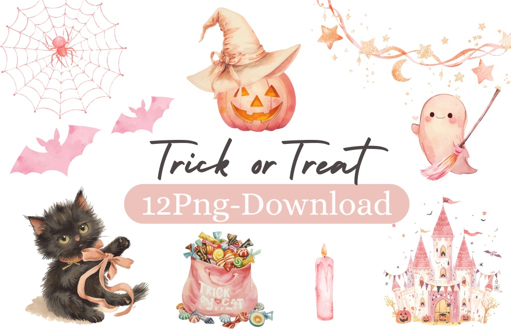 【子供イベントシリーズ　〜Trick or Treat〜】水彩アンティーク風クリップアート12点セット　PNG背景透過