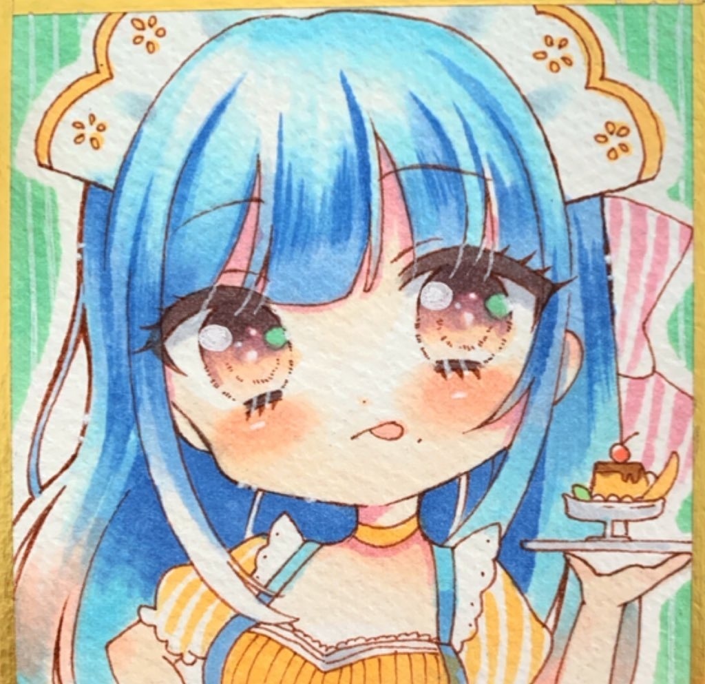原画 手描きイラスト 豆色紙 青髪メイド