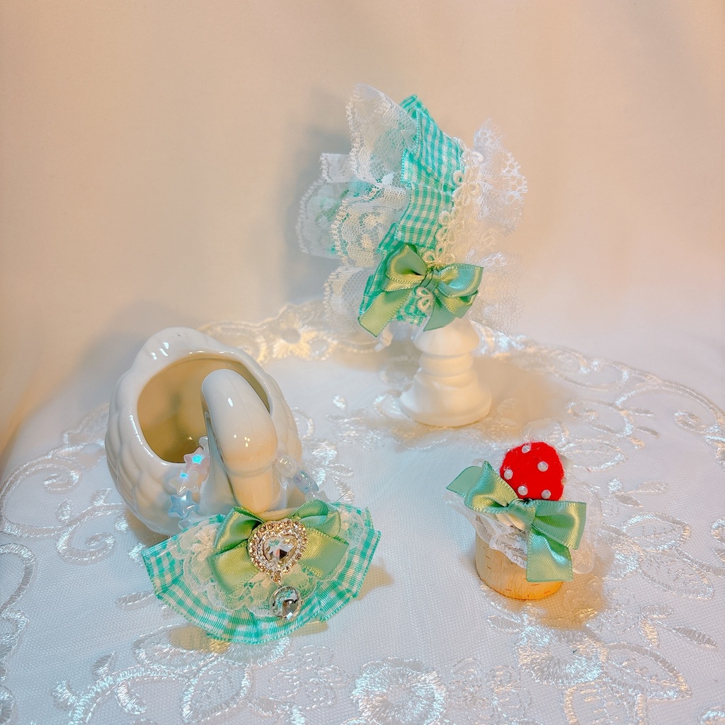 【ギンガムチェック】ヘッドドレス スタイ セット いちごホイップ ぬい服