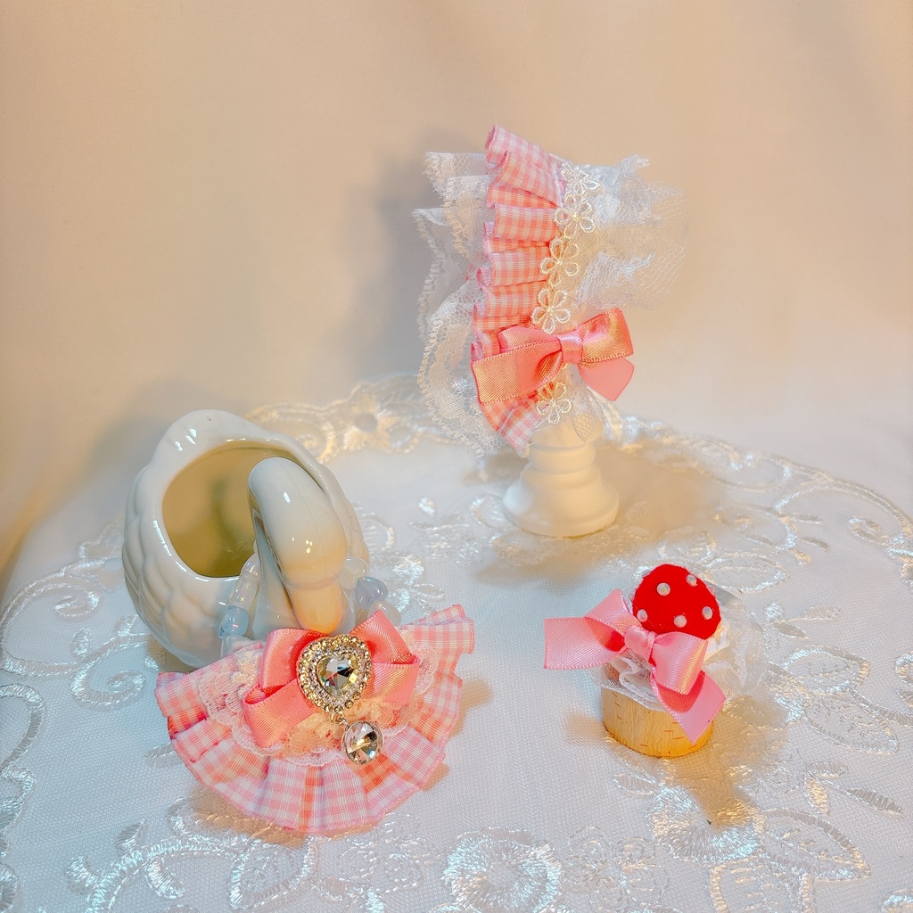 【ギンガムチェック】ヘッドドレス スタイ セット いちごホイップ ぬい服