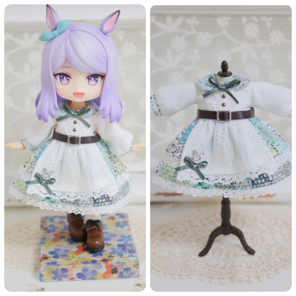 パッチワークの長袖エプロンワンピース