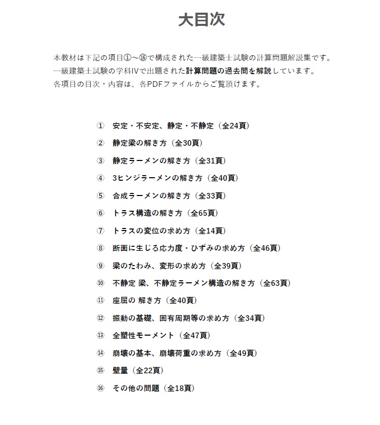 【おすすめ】一級建築士の計算問題解説集セット(全16ファイル)