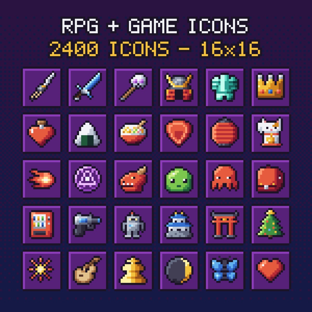 【2,400点】ドット絵アイコン素材 16×16｜RPG・現代・SF・和の行事｜ツクールMV/MZ対応・12パレット版つき