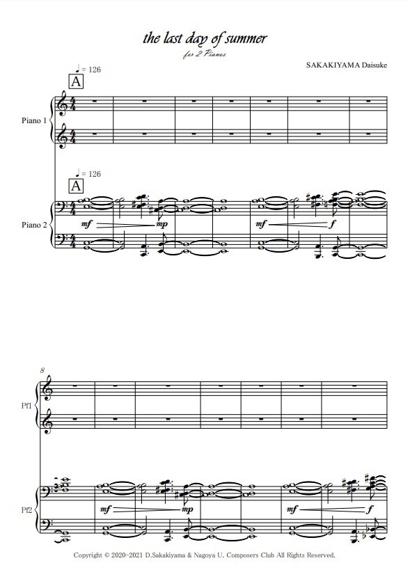2台ピアノ曲「last day of summer」楽譜
