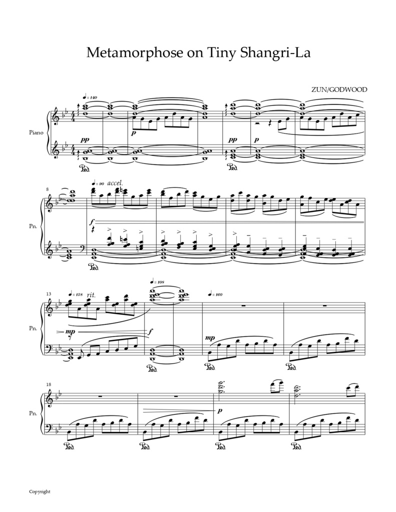 ピアノ曲「Metamorphose on Tiny Shangri-La」楽譜