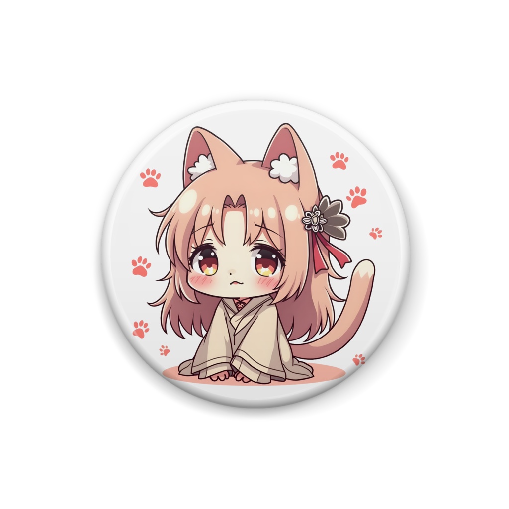 泣いているネコ娘 缶バッジ アニメ風 オリジナルキャラ