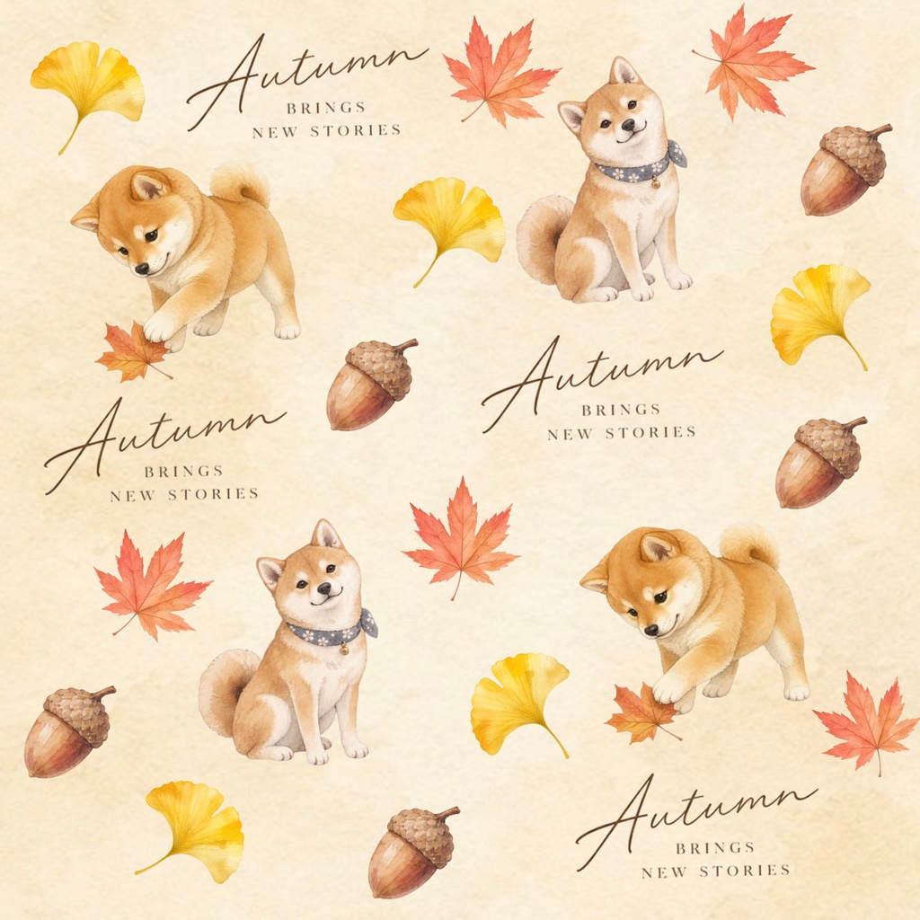 秋の柴犬・紅葉柄 背景素材3枚セット｜大人かわいい水彩