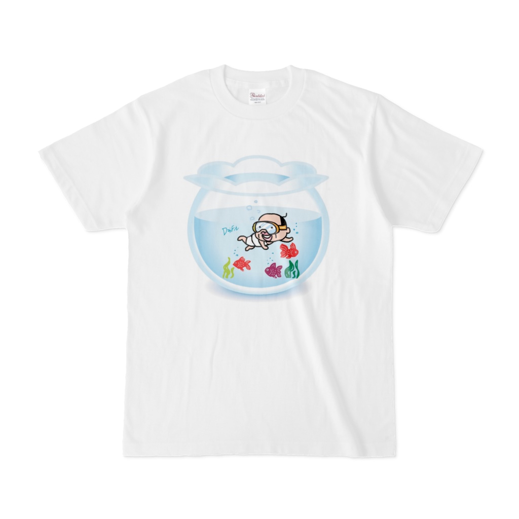 金魚鉢で泳ぐ金魚と父ちゃんTシャツ