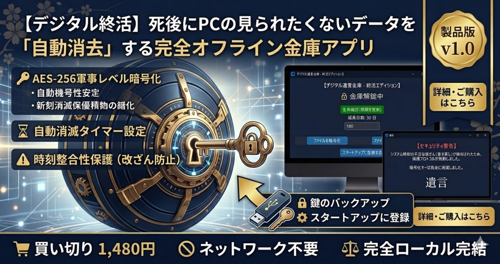 【デジタル終活】死後にPCの見られたくないデータを「自動消去」する完全オフライン金庫アプリ【Windows 11版】