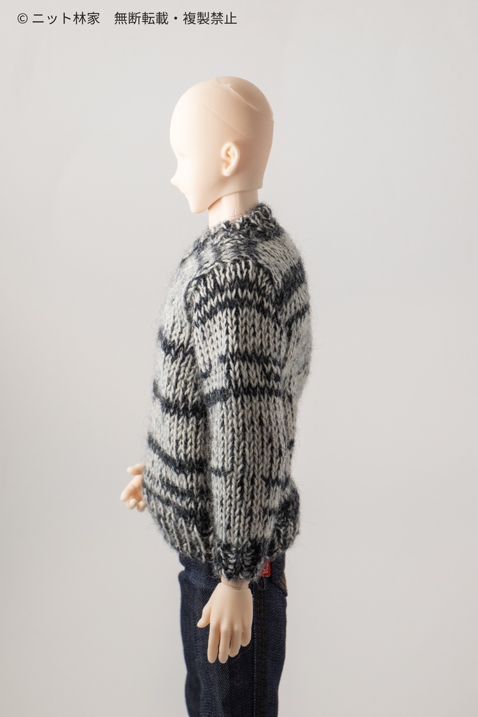【値下げ】オビツ30・1/6ドール用セーター Vネック/通常袖/白黒混/斑縞模様(ユニセックス) VPC01G