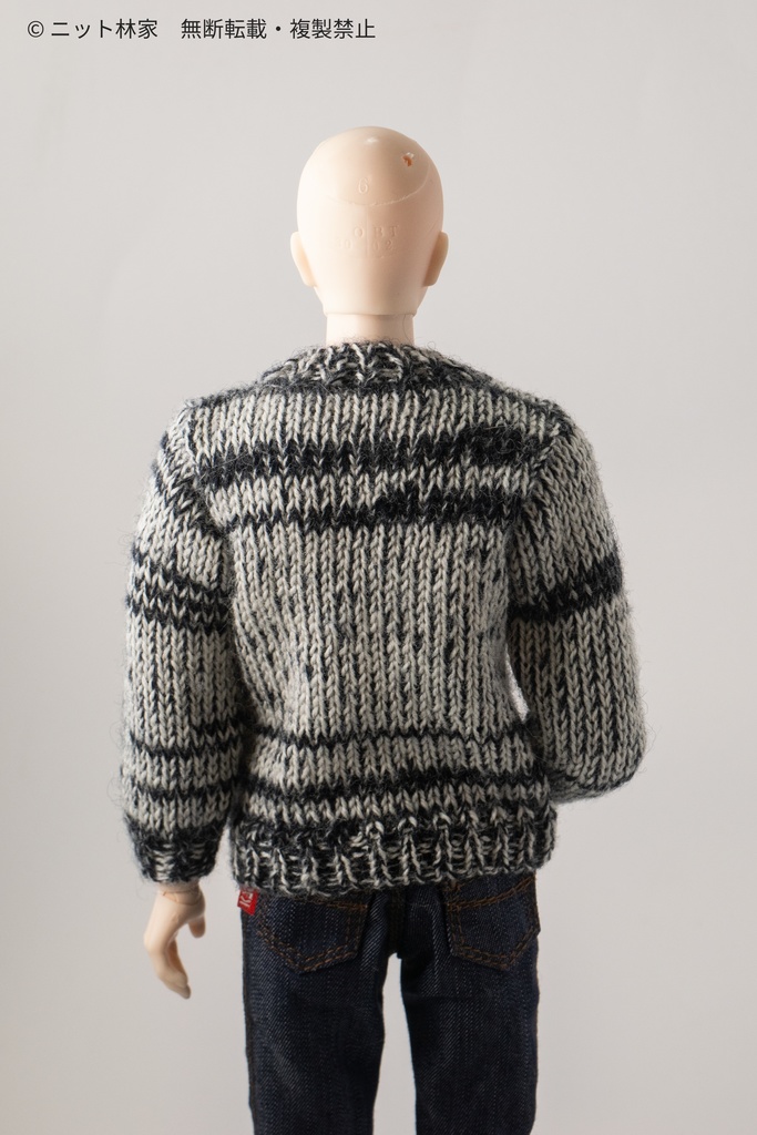 【値下げ】オビツ30・1/6ドール用セーター Vネック/通常袖/白黒混/斑縞模様(ユニセックス) VPC01G